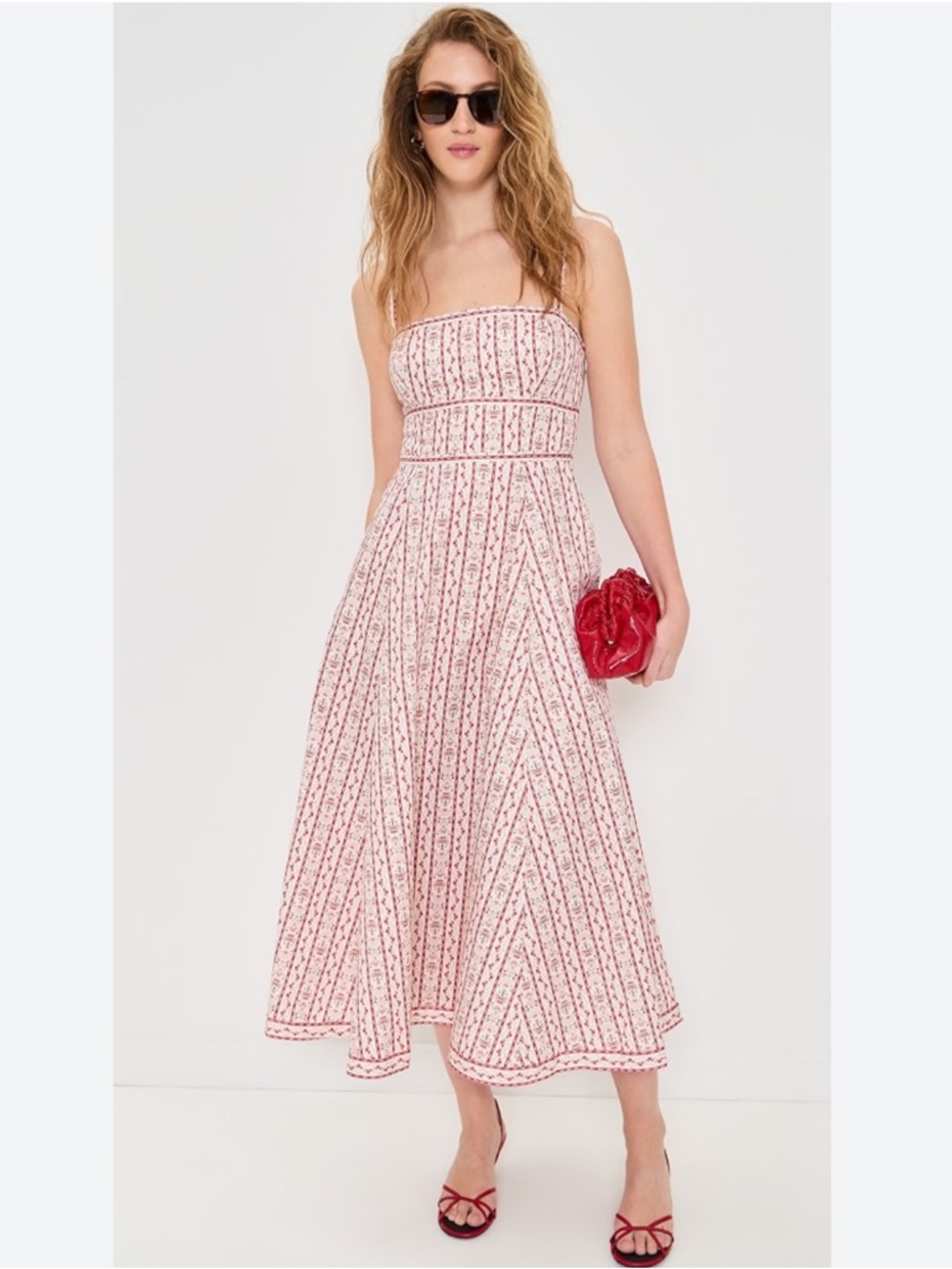 Hill House Strapless Midi Dress in White and Red Floral